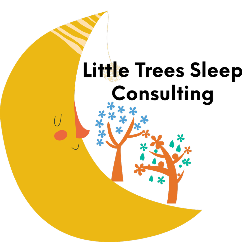 Smiling yellow crescent moon with trees and hanging lantern against black background.